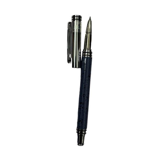 Metallic designer gray ball pen with silver cap and openable mechanism, blue ink for precise writing.