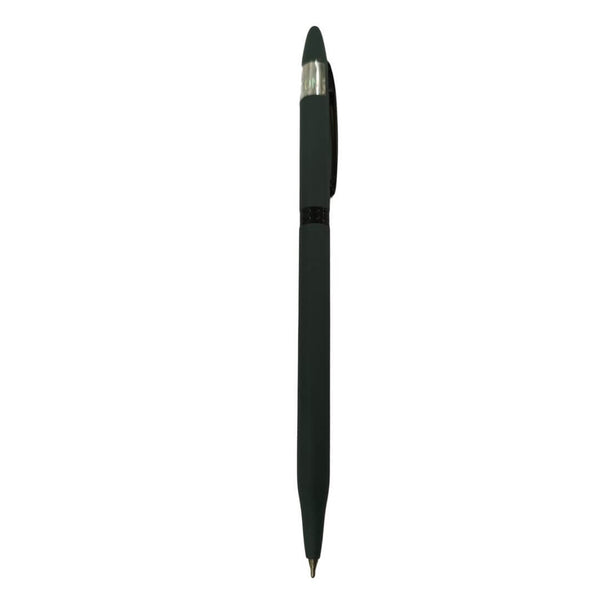 Metallic Gun Metal color ball pen with black clip and twist mechanism, blue ink for consistent writing.