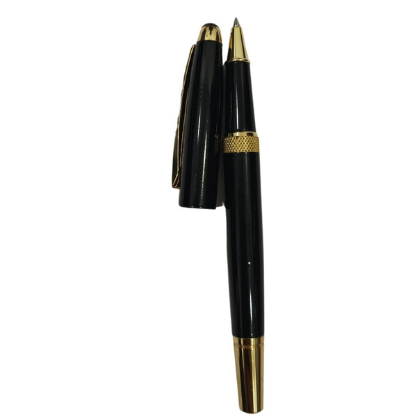 Black roller ball pen with golden clip design for an elegant writing experience.