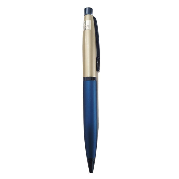 Blue and gunmetal pen with sleek twist design for modern, professional writing.