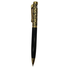 Golden and black pen with engraved twist design for sophisticated writing.