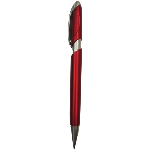 Metallic red ball pen with silver clip and twist mechanism for smooth, bold writing.