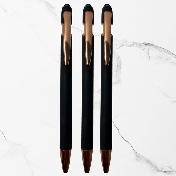 BallPen Bazaar 3 Pcs Stylus Matte Black Ball Pens with Glossy Rose Gold Clip | Premium Click Mechanism Pen | Smooth Blue Ink | Elegant Writing Pen for Office, School & Corporate Gifting