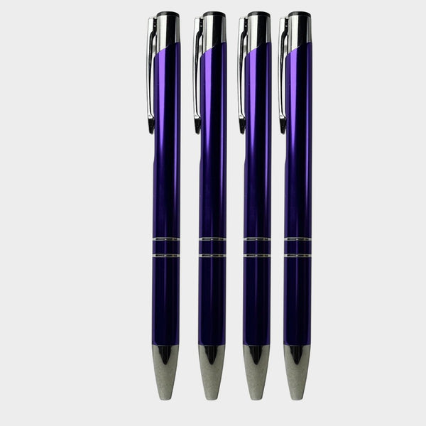 BallPen Bazaar 4 Pcs Metallic Glossy Purple Ball Pen Set | Silver Clip | Smooth Click Mechanism | Premium Blue Ink Writing Pens for Office, School & Gifting
