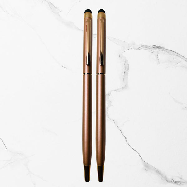 BallPen Bazaar’s Pack of 2 Stylus Rose Gold Ball Pens | Metallic Glossy Body with Rose Gold Clip | Twist Mechanism | Smooth Blue Ink | Premium Writing Pens for Office, School, Gifting & Daily Use