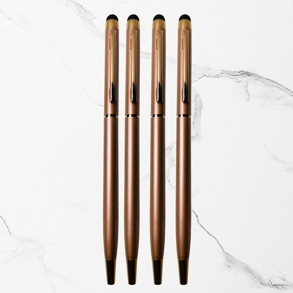 BallPen Bazaar’s Pack of 4 Stylus Rose Gold Ball Pens – Metallic Glossy Body | Rose Gold Clip | Twist Mechanism | Smooth Blue Ink | Premium Writing Pens for Office, School, Gifting & Daily Use