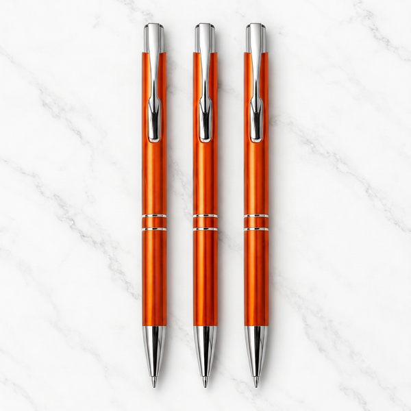 BallPen Bazaar’s Set of 3 Metallic Glossy Orange Ball Pens – Silver Clip
