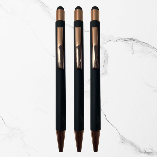 Stylus Matte Black Ball Pens – Pack of 3 | Rose Gold Clip