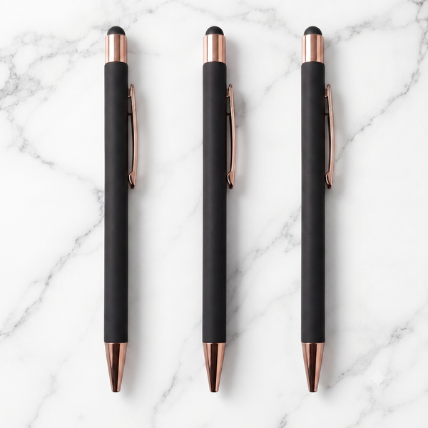 BallPenBazaar 3 Pcs Stylus Matte Black Ball Pens with Glossy Rose Gold Clip