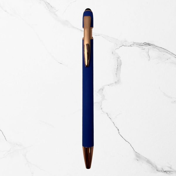 BallPenBazaar Premium Matte Blue Ball Pens with Rose Gold Clip – Stylus Top, Click Mechanism, Smooth Blue Ink, Metal Body Executive Pen for Office, School & Corporate Gifting (Pack of 2)