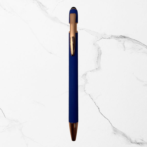 BallPenBazaar Premium Matte Blue Ball Pens with Rose Gold Clip – Stylus Top, Click Mechanism, Smooth Blue Ink, Metal Body Executive Pen for Office, School & Corporate Gifting (Pack of 2)