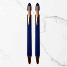 BallPenBazaar Premium Matte Blue Ball Pens with Rose Gold Clip – Stylus Top, Click Mechanism, Smooth Blue Ink, Metal Body Executive Pen for Office, School & Corporate Gifting (Pack of 2)