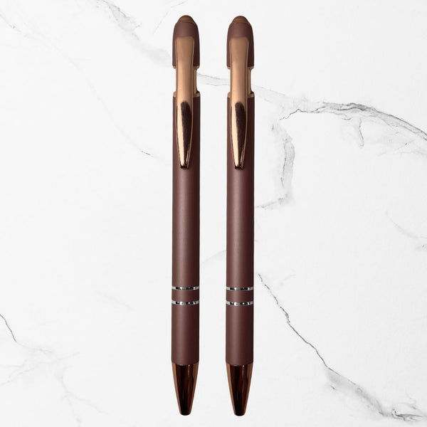 BallPenBazaar Premium Matte Brown Ball Pens with Rose Gold Clip | Click Mechanism | Smooth Blue Ink | Executive Stylus Ball Pen for Office, School & Gifting (Pack of 2)