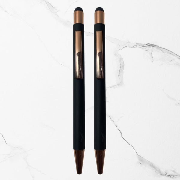 BallPenBazaar Premium Stylus Ball Pens – Matte Black Body with Rose Gold Clip | Stylus Tip on Top | Click Mechanism | Smooth Blue Ink | Executive Writing Pens (Pack of 2)