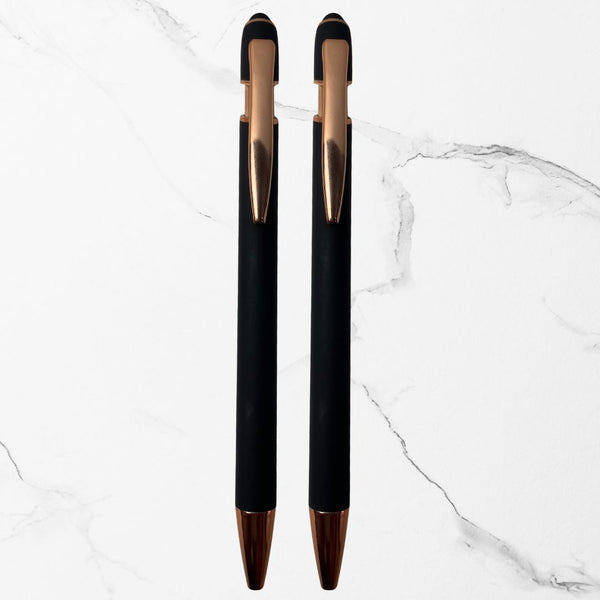 BallPenBazaar Premium Stylus Ball Pens with Matte Black Body & Rose Gold Clip | Touch Screen Stylus + Smooth Blue Ink | Click Ball Pen for Office, Mobile & Tablet Use (Pack of 2)