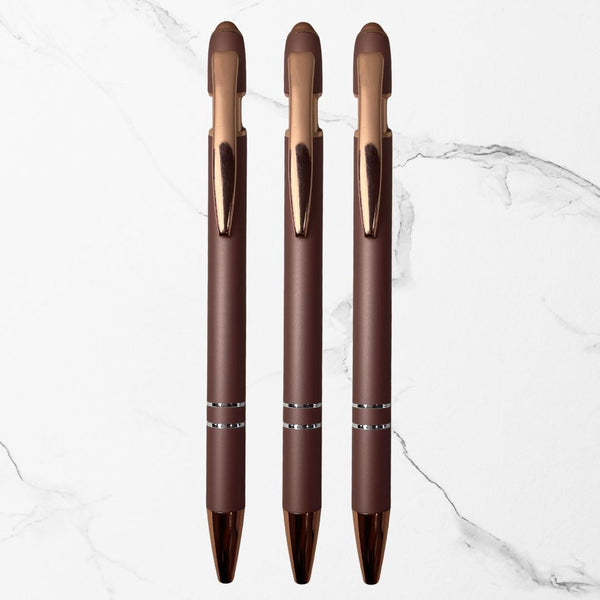 BallPenBazaar® Set of 3 Matte Rose Gold Stylus Ball Pens – Premium Metal Body | Glossy Rose Gold Clip | Click Mechanism | Smooth Blue Ink | Stylish Writing Pens for Office, School & Gifting
