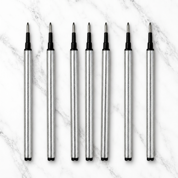 Ballpen Bazaar 0.8 MM Roller Pen Refills Black Ink Plastic Silver Body Pack of 6 Smooth Writing Replacement Refills