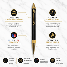 Ballpen Bazaar 2 in 1 Dual Ink Ball Pen Black Gold Grip Blue Red Ink