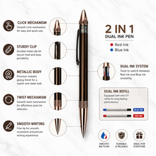 Ballpen Bazaar 2 in 1 Dual Ink Ball Pen | Metallic Glossy Brown Body & Brown Clip | Two Side Twist Mechanism | Blue & Red Ink | Premium Metal Ballpoint Pen | 1 Piece