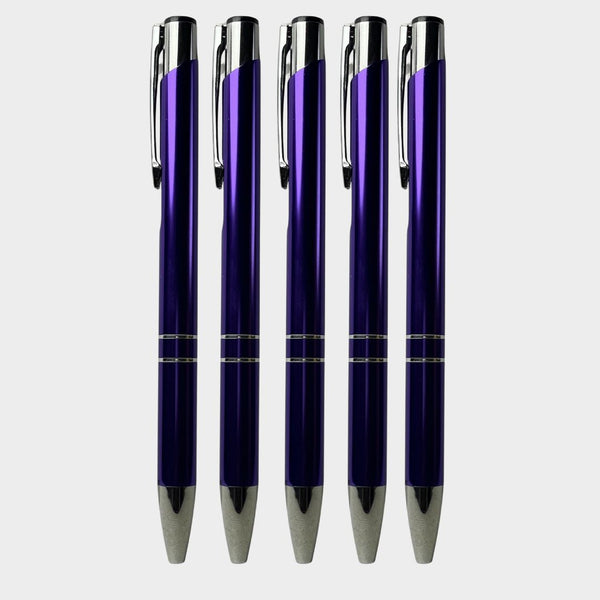 Ballpen Bazaar – 5 Pcs Metallic Glossy Purple Ball Pen Set | Silver Clip | Click Mechanism | Smooth Blue Ink | Premium Writing Pens for Office, School & Gifting