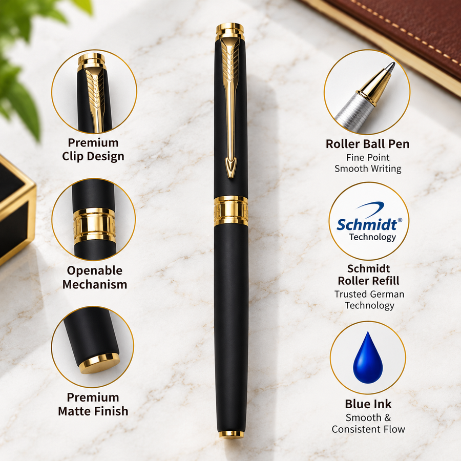 Ball Pen Bazaar Matt Black Gold Clip Openable Ball Pen – Blue Ink | 1 Extra Refill Free