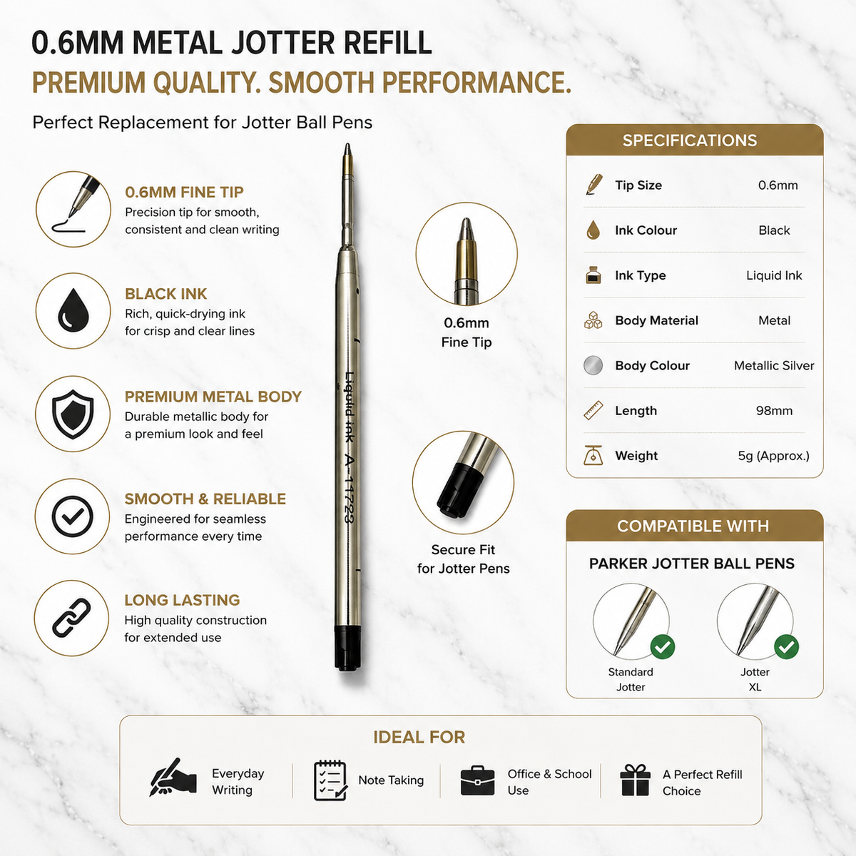 0.6 mm black ink metal jotter refill for compatible ball pens