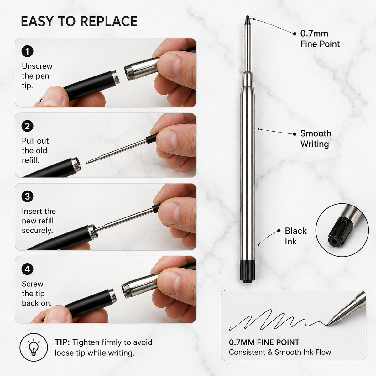 0.6 mm black ink metal jotter refill for compatible ball pens