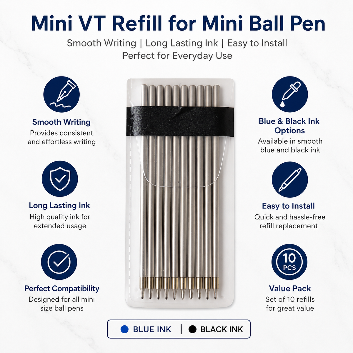 Ballpen Bazaar  Ballpen Bazaar 0.6mm Mini VT Refill Black Ink Pack of 10 | Smooth Writing Ball Pen Refills | Compatible Replacement Ink Refills with Name Engraving