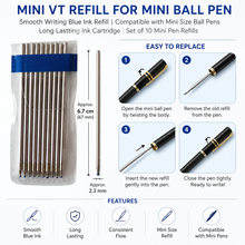 Ballpen Bazaar  Ballpen Bazaar 0.6mm Mini VT Refill Blue Ink Pack of 10 | Smooth Writing Ball Pen Refills | Compatible Replacement Ink Refills for Daily Use with Name Engraving