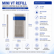 Ballpen Bazaar  Ballpen Bazaar 0.6mm Mini VT Refill Blue Ink Pack of 10 | Smooth Writing Ball Pen Refills | Compatible Replacement Ink Refills for Daily Use with Name Engraving