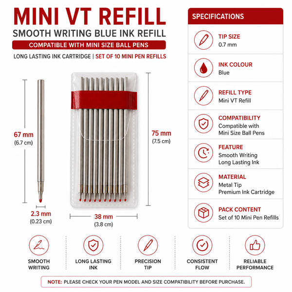 Ballpen Bazaar  Ballpen Bazaar 0.6mm Mini VT Refill Red Ink Pack of 10 | Smooth Writing Ball Pen Refills for Daily Office School and Business Use with Name Engraving