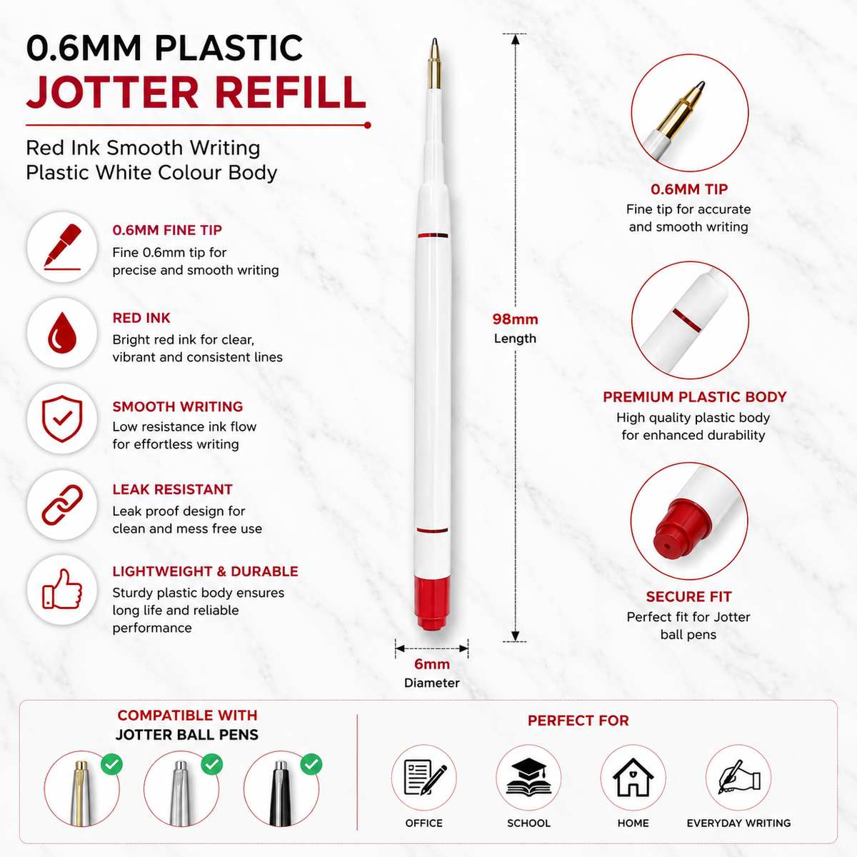 Ballpen Bazaar  Ballpen Bazaar 0.6mm Plastic Jotter Red Ink Refills Pack of 10 | Smooth Writing Replacement Pen Refills for Ball Pens with Name Engraving