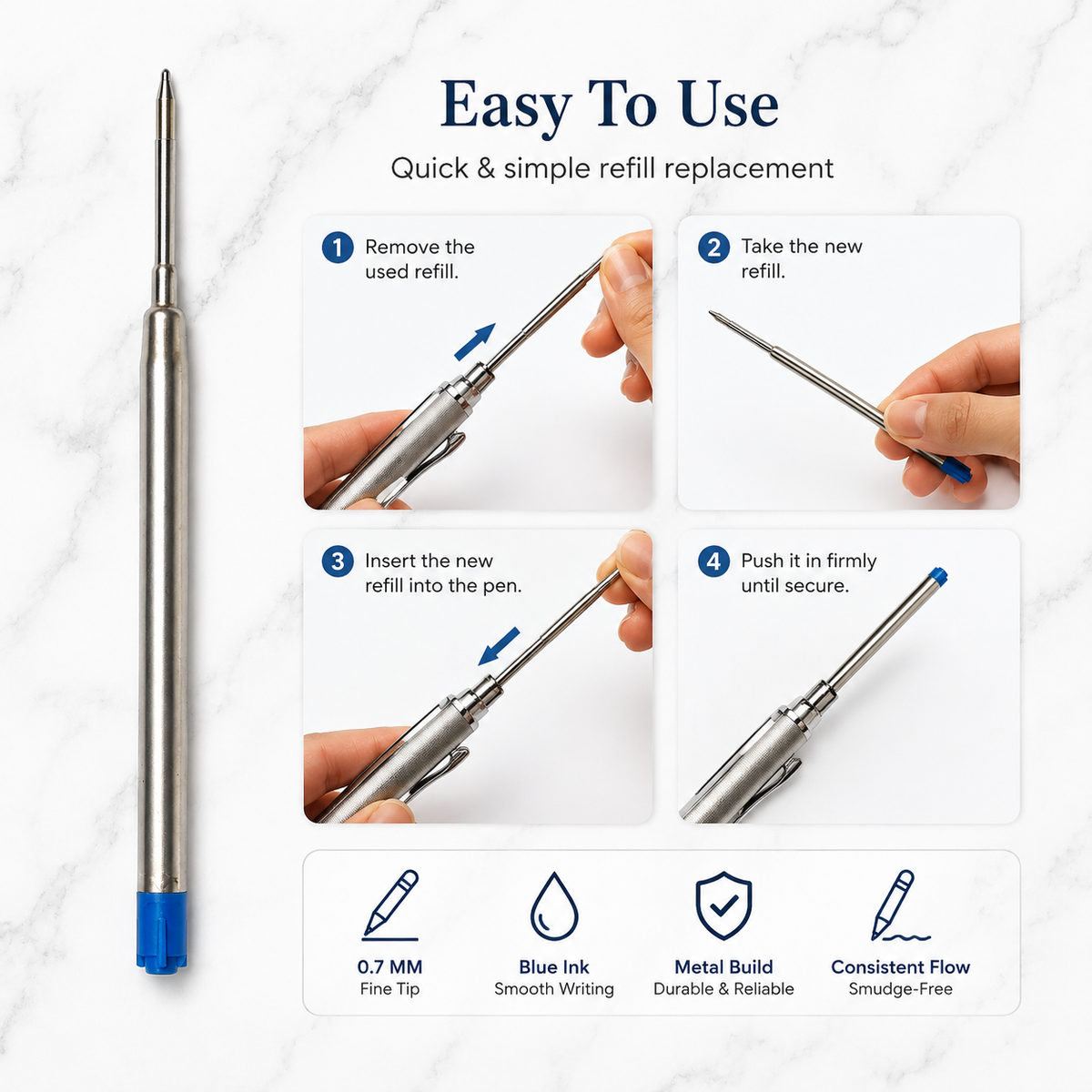 Blue ink metal jotter refill for compatible ball pens
