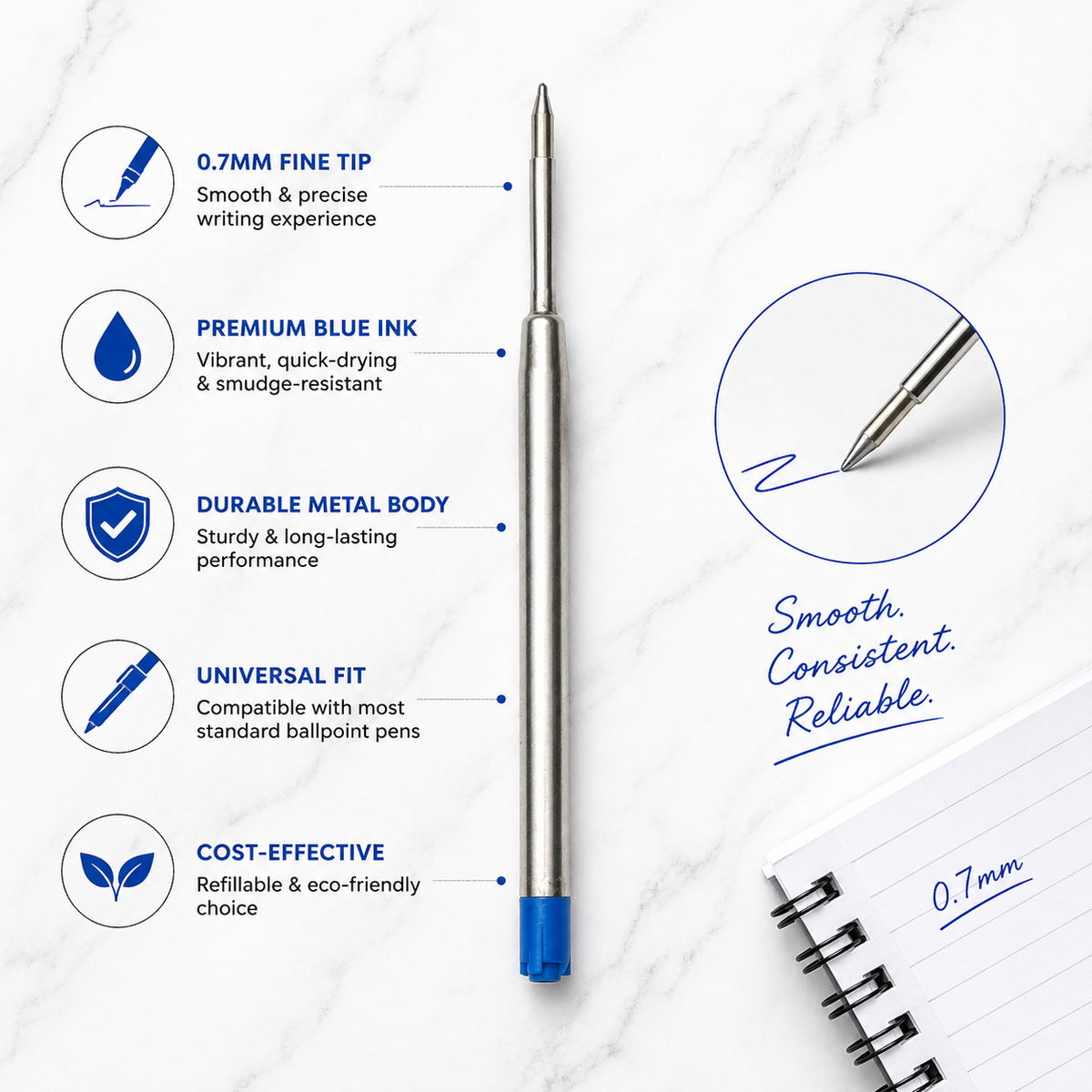 Blue ink metal jotter refill for compatible ball pens