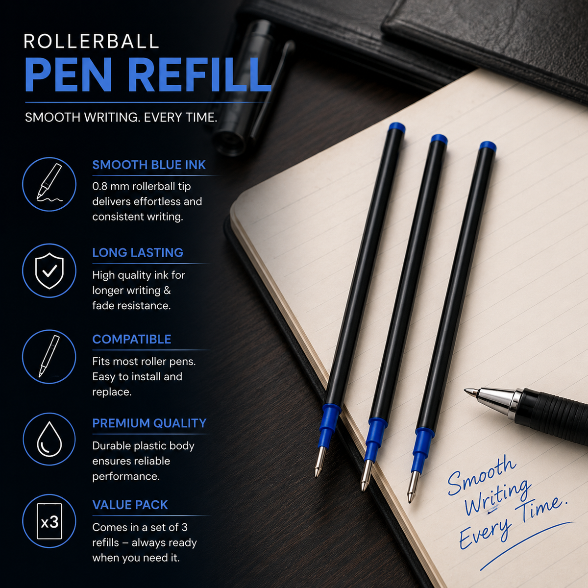 0.8 mm blue ink plastic roller refill for compatible roller pens
