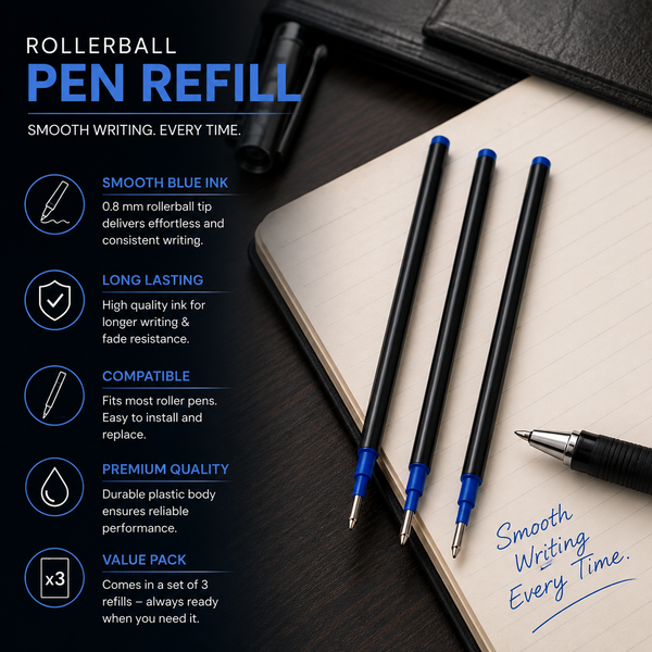 Ballpen Bazaar  Ballpen Bazaar 0.8 MM Plastic Roller Refill Blue Ink | Smooth Writing Roller Pen Refills | Blue Ink Replacement Refills | 3 Pcs Pack with Name Engraving