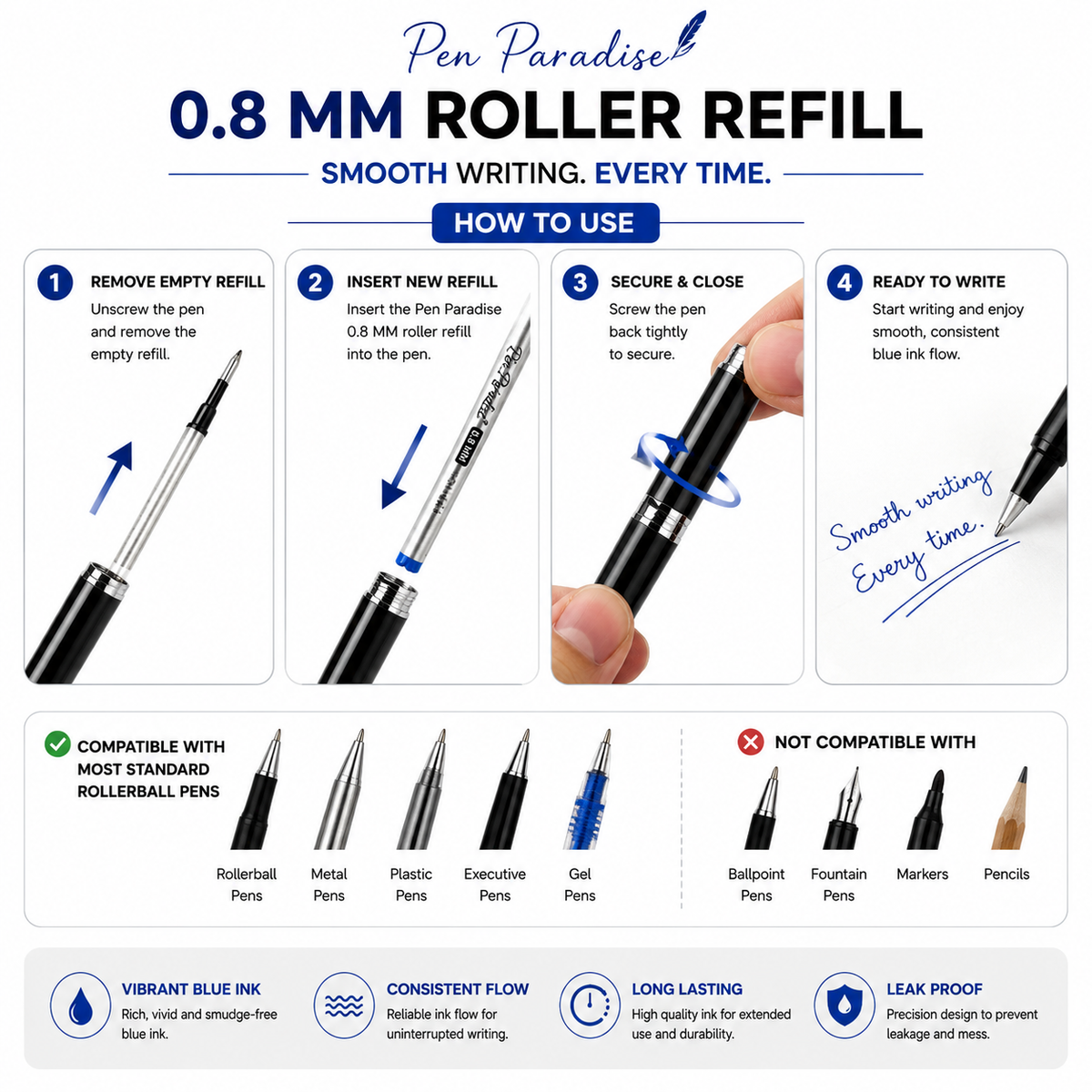 Ballpen Bazaar  Ballpen Bazaar 0.8 MM Roller Blue Ink Refill Plastic Silver Body Smooth Writing Pen Refill Pack of 6 with Name Engraving