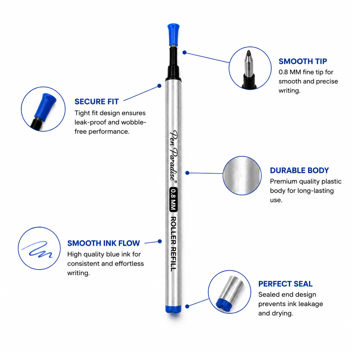 Ballpen Bazaar  Ballpen Bazaar 0.8 MM Roller Blue Ink Refill Plastic Silver Body Smooth Writing Pen Refill Pack of 6 with Name Engraving