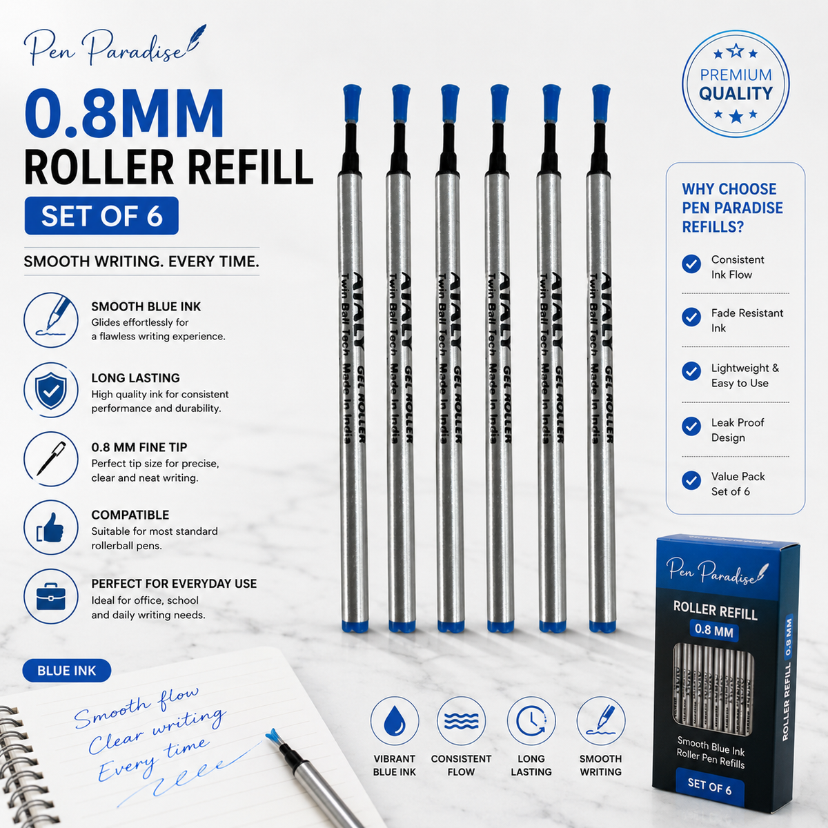 Ballpen Bazaar  Ballpen Bazaar 0.8 MM Roller Blue Ink Refill Plastic Silver Body Smooth Writing Pen Refill Pack of 6 with Name Engraving