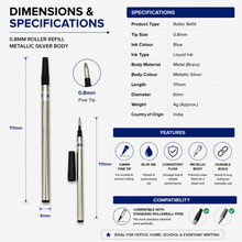 Ballpen Bazaar  Ballpen Bazaar 0.8mm Roller Pen Refill Black Ink Metallic Silver Body Pack of 6 Smooth Writing Refills with Name Engraving