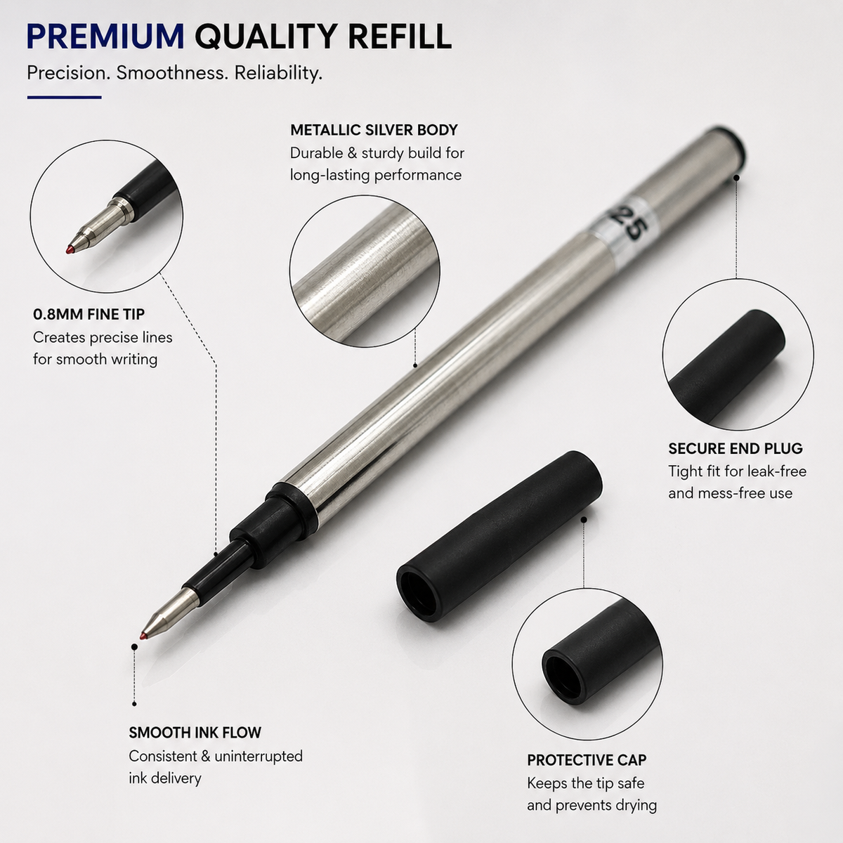 Ballpen Bazaar  Ballpen Bazaar 0.8mm Roller Pen Refill Black Ink Metallic Silver Body Pack of 6 Smooth Writing Refills with Name Engraving
