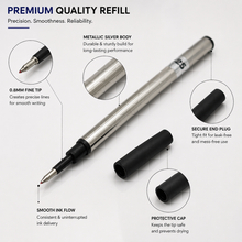 Ballpen Bazaar  Ballpen Bazaar 0.8mm Roller Pen Refill Black Ink Metallic Silver Body Pack of 6 Smooth Writing Refills with Name Engraving