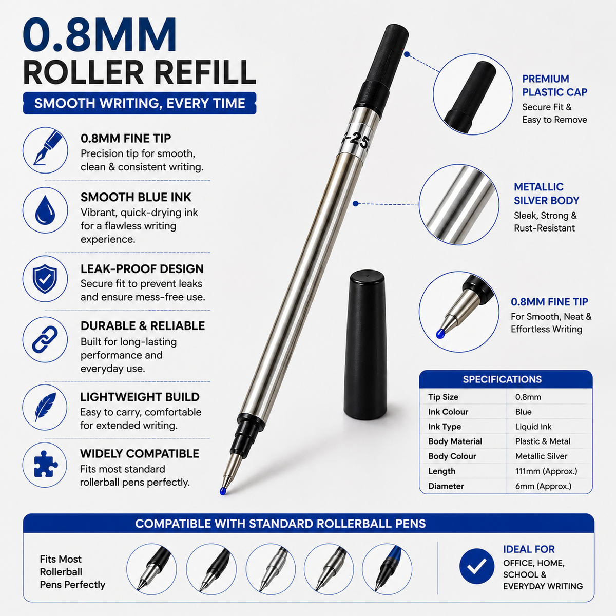 Ballpen Bazaar  Ballpen Bazaar 0.8mm Roller Pen Refill Black Ink Metallic Silver Body Pack of 6 Smooth Writing Refills with Name Engraving