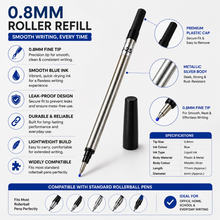 Ballpen Bazaar  Ballpen Bazaar 0.8mm Roller Pen Refill Black Ink Metallic Silver Body Pack of 6 Smooth Writing Refills with Name Engraving