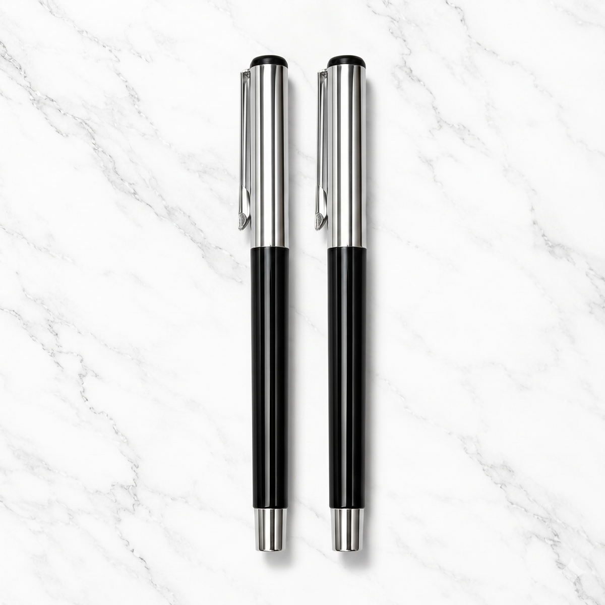 Ballpen Bazaar  Ballpen Bazaar 2 Pcs Metallic Glossy Black Ball Pen Set with Silver Cap, Openable Mechanism, Blue Ink, 2 Extra Refills with Name Engraving