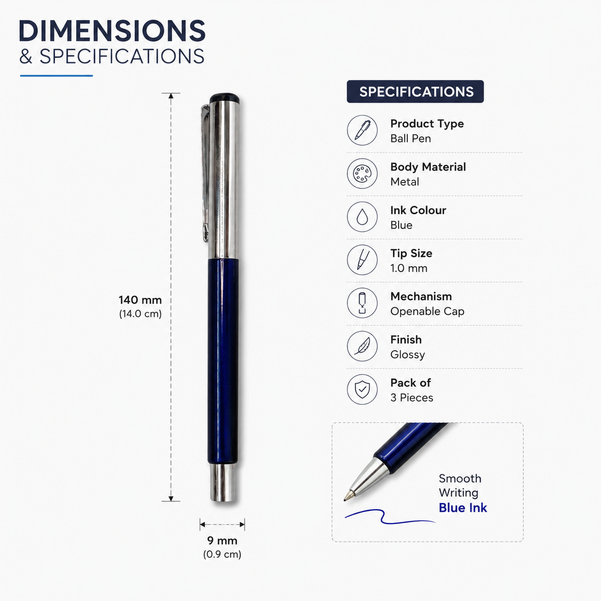 Ballpen Bazaar  Ballpen Bazaar 2 Pcs Metallic Glossy Blue Ball Pen Set with Silver Cap | Openable Metal Ball Pens | Blue Ink | Includes 2 Extra Refills with Name Engraving