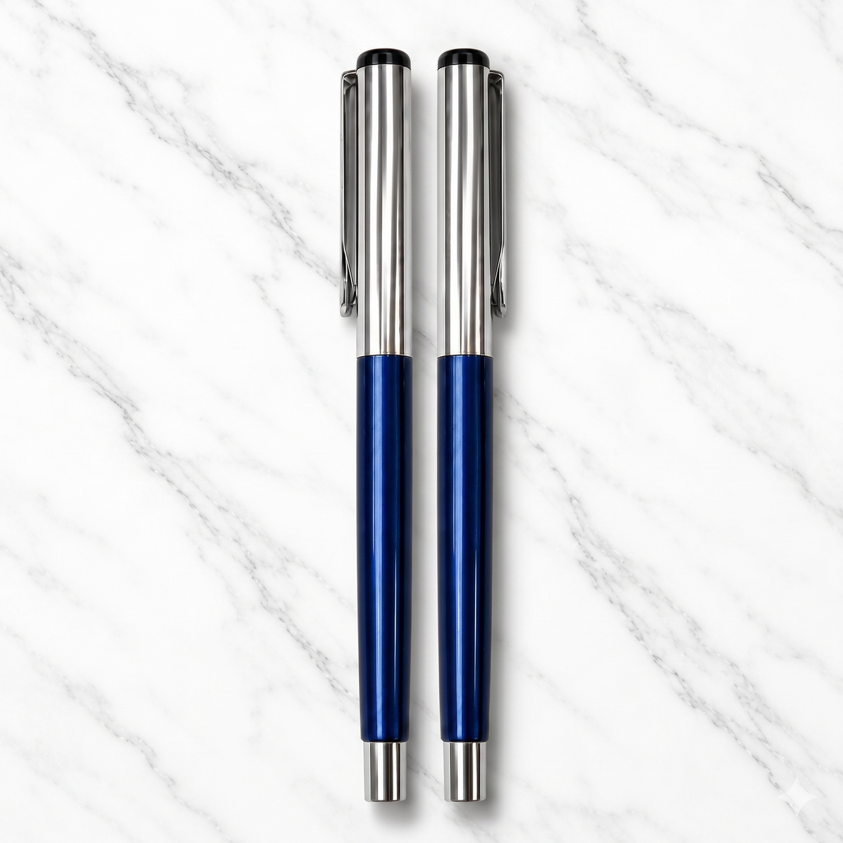 Ballpen Bazaar  Ballpen Bazaar 2 Pcs Metallic Glossy Blue Ball Pen Set with Silver Cap | Openable Metal Ball Pens | Blue Ink | Includes 2 Extra Refills with Name Engraving