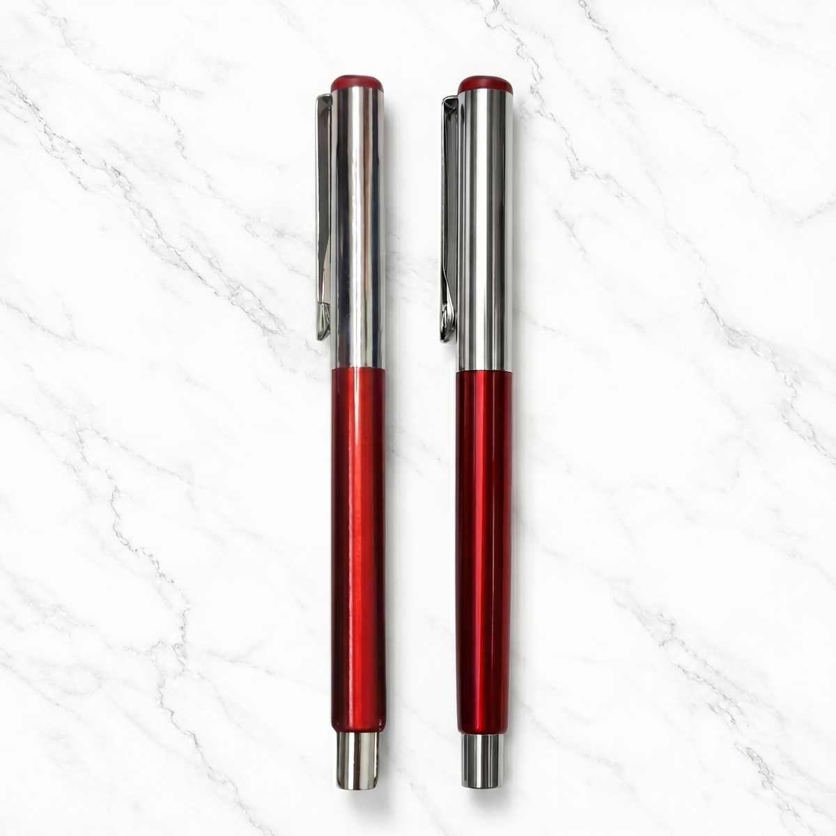 Ballpen Bazaar  Ballpen Bazaar 2 Pcs Metallic Glossy Red Ball Pen Set with Silver Cap | Openable Metal Ball Pens | Blue Ink | 2 Extra Refills Included with Name Engraving