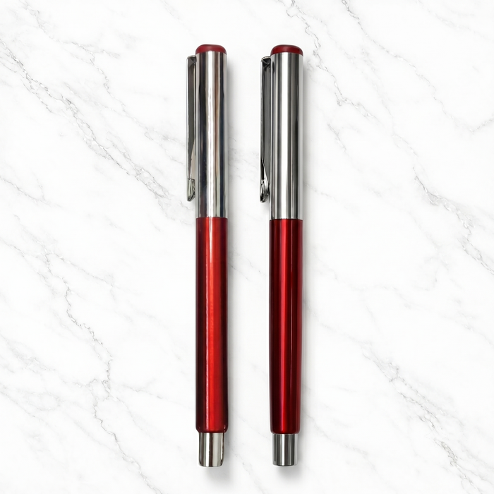 Ballpen Bazaar  Ballpen Bazaar 2 Pcs Metallic Glossy Red Ball Pen Set with Silver Cap | Openable Metal Ball Pens | Blue Ink | 2 Extra Refills Included with Name Engraving