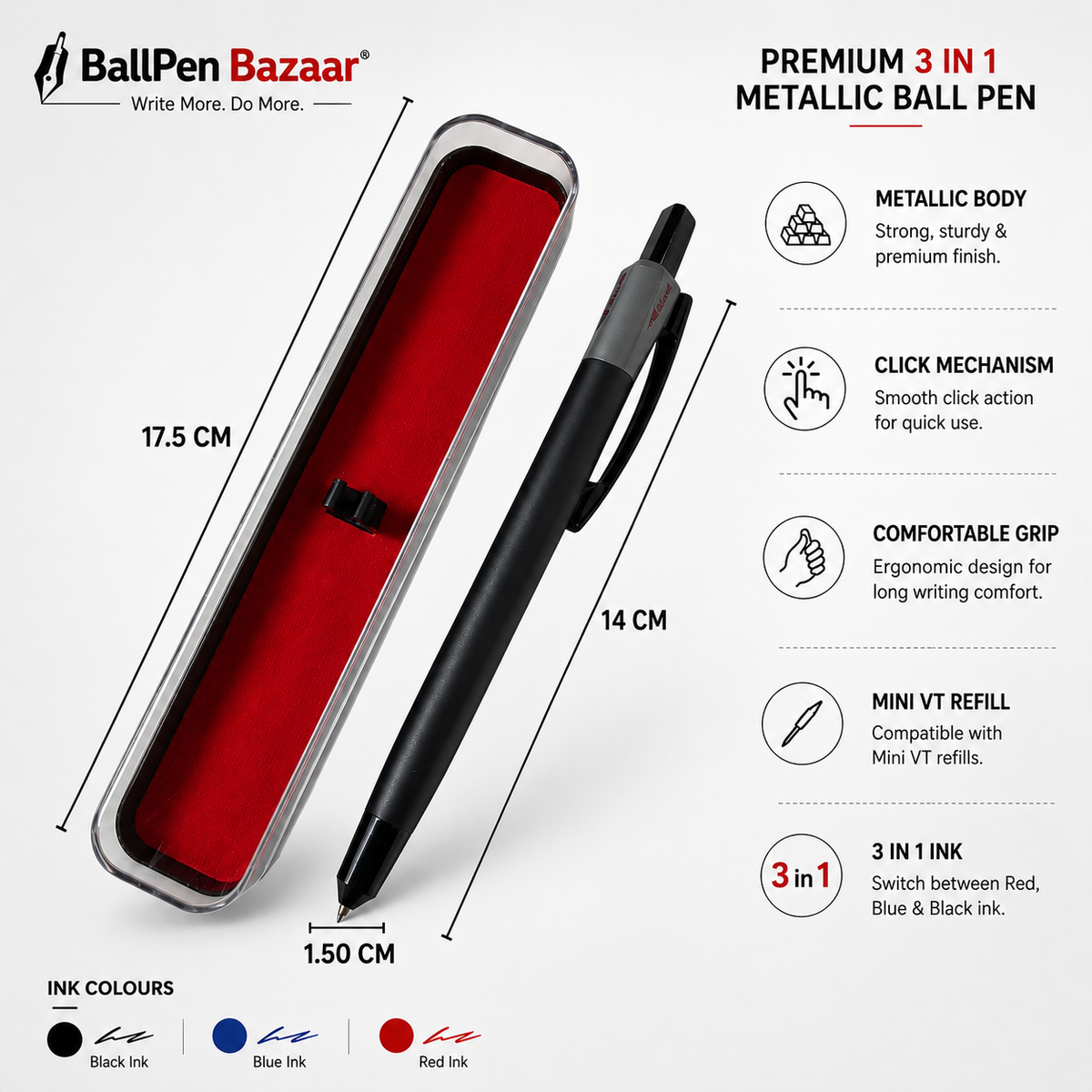 Ballpen Bazaar  Ballpen Bazaar 3 in 1 Multi Ink Matt Black Ball Pen with Black Clip | Click Mechanism | Blue, Black & Red Ink | 3 Free Refills | Pack of 1 with Name Engraving
